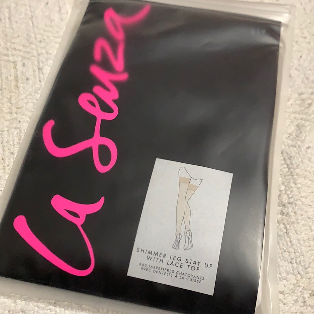 La SENZA Black with Hot Pink Logo Shimmer Leg Stay Up with Lace Top
